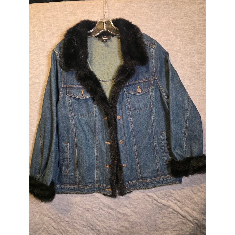 1505 Dennis Basso Faux Fur Trim Denim Jacket Blue Medium Wash Trucker Coat L